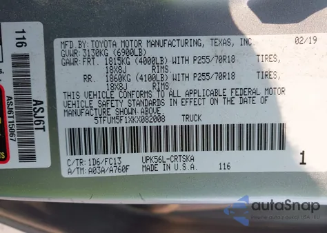 2019 Toyota Tundra Sr5 4.6L V8 z USA, uszkodzony, nr VIN 5TFUM5F1XKX0820